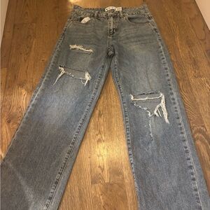 Blue Flare Wide Leg Jeans with Distressed Details